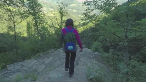 Mujer Joven Caminando Forrest Bajo Skaklya Cascada Cerca Aldea Bov — Vídeos de Stock