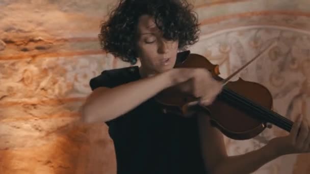 Preciosa Violinista Femenina Toca Violín Rápidamente Durante Crescendo — Vídeo de stock