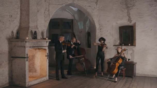 Tiro Ângulo Largo Quarteto Cordas Tocando Castelo Estilo Medieval Vestido — Vídeo de Stock