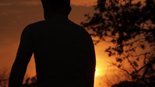 Silhouette Eines Jungen Der Den Sonnenuntergang Betrachtet — Stockvideo