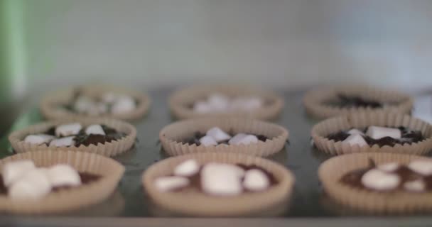 Fechar Deliciosos Cupcakes Com Marshmallows Topo Dentro Forno Doces Caseiros — Vídeo de Stock