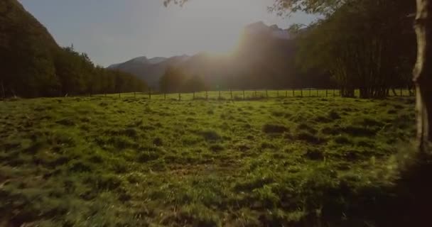 Kでのドローン撮影は美しいノルウェーの夕日に飛び込みます 幻想的な山と森 — ストック動画