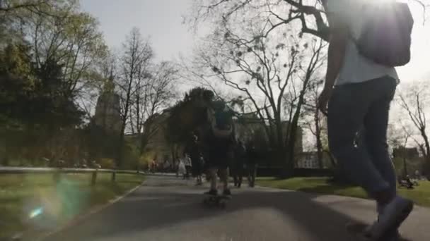 Longboard Skateboarders Het Park Met Achtergrondzon Bomen Slowmotie — Stockvideo