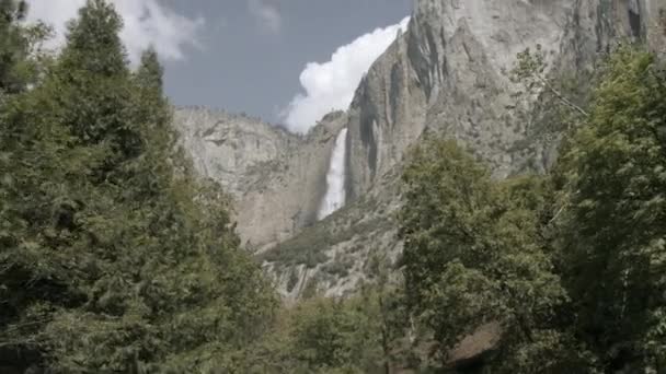 Cascata Nel Parco Yosemite California Incorniciato Evergreen Liscia Ampia Ripresa — Video Stock