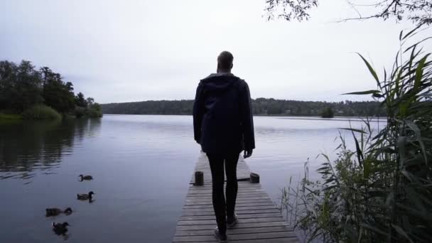 在瑞典一个平静的湖畔的小码头上散步的人 一个光滑的滑行凸轮跟随模型以慢动作拍摄 美丽的户外风景 — 图库视频影像