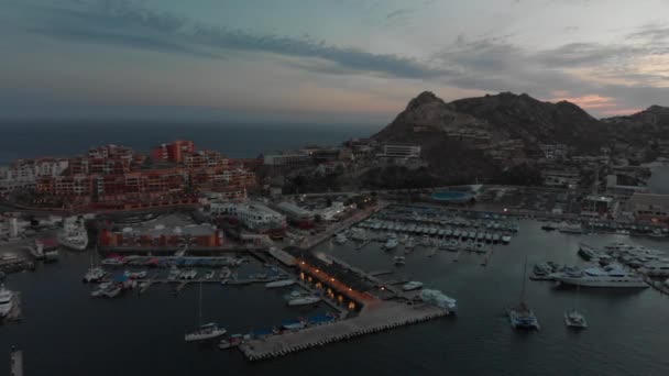 Aerial panoramic view of the Marina in Cabo San Lucas during the sunset.
