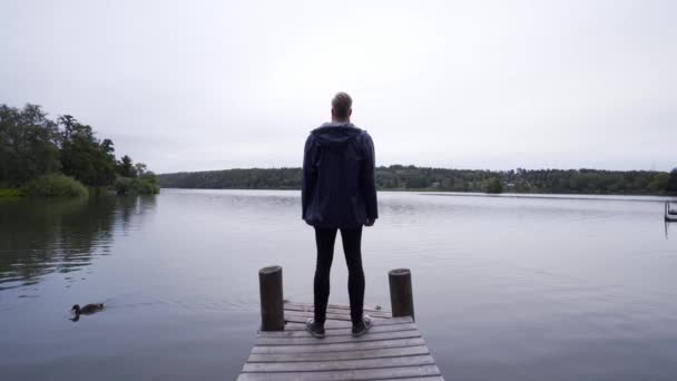 Joven Nórdico Alto Pie Pequeño Muelle Disfrutando Vista Junto Lago — Vídeos de Stock