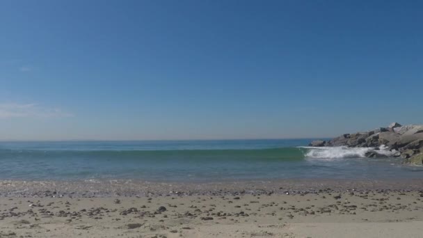 Mare Onde Che Infrangono Una Spiaggia Californiana Coperta Conchiglie Molo — Video Stock