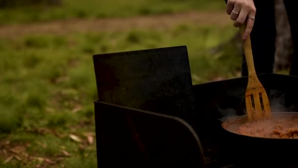 Koken Boven Vuur Tijdens Het Kamperen — Stockvideo