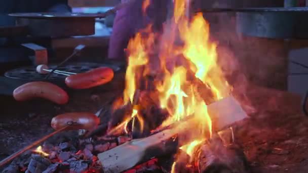 Cozinhar Salsichas Makara Sobre Pitt Fogo Sueco — Vídeo de Stock