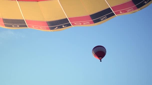Vackra Skott Varmluftsballonger Flyger Medan Himlen Klar — Stockvideo