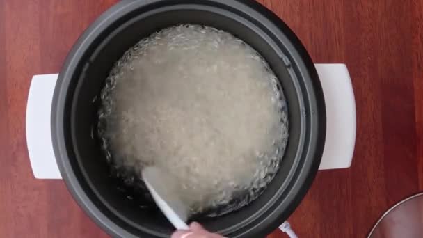 Reis Einem Reiskocher Rühren — Stockvideo