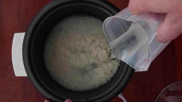 把水倒在饭锅里的米上 — 图库视频影像