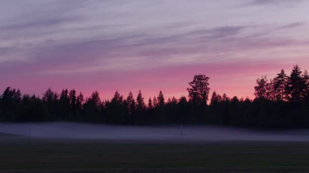 Campo Golf Brumoso Durante Una Puesta Sol Rosa Frente Bosque — Vídeos de Stock