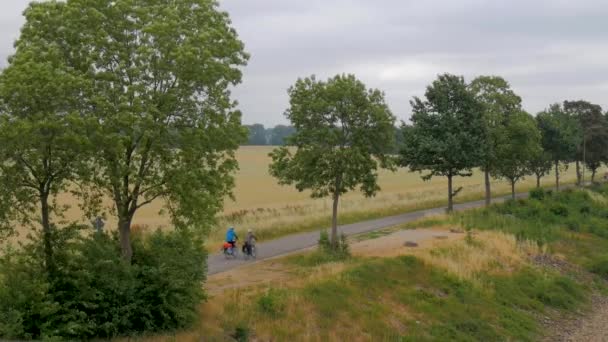 木と一緒に道路に沿ってサイクリング2人の4Kビデオ 映像は 広告プロジェクトに使用することができます — ストック動画