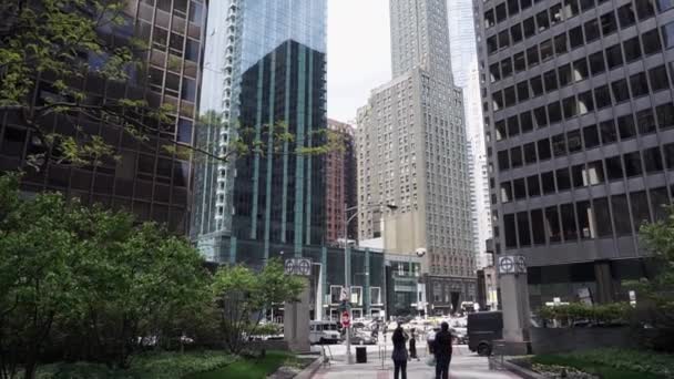 Beautiful Upward Pan Chicago Street Life Skyscraper Sunny Day — Stock Video