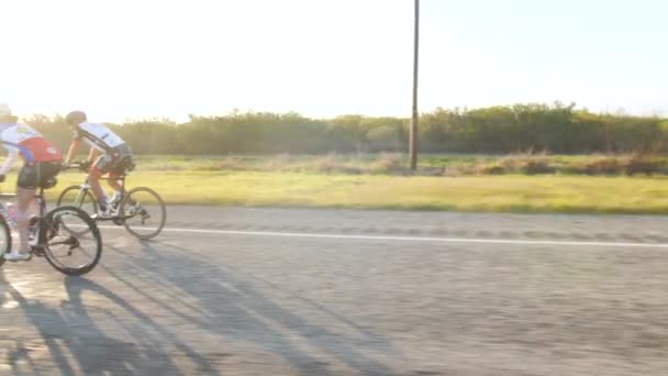 早朝の光の中で田舎道に沿ってサイクリングのスローモーションクリップ — ストック動画