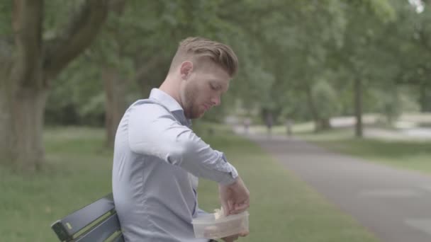 Mann Auf Bank Von Lunchpaket Enttäuscht Und Bestellt Take Away — Stockvideo