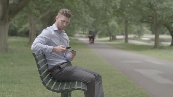 Park Bench Üzerine Oturan Adam Akıllı Telefonunu Kullanarak Çevrimiçi Ürün — Stok video