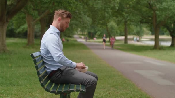 Mann Sitzt Auf Parkbank Und Ist Von Angeschlagenem Lunchpaket Enttäuscht — Stockvideo