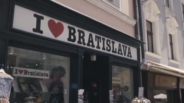 Love Bratislava Banner Souvenir Shop Historical Center Bratislava — Stok Video