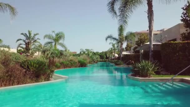 Drone Vliegt Boven Het Zwembad Omringd Door Palmbomen Groen — Stockvideo