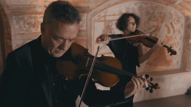 男性ヴァイオリニストは中世風の雰囲気の中で女性ヴァイオリニストと熱演 — ストック動画