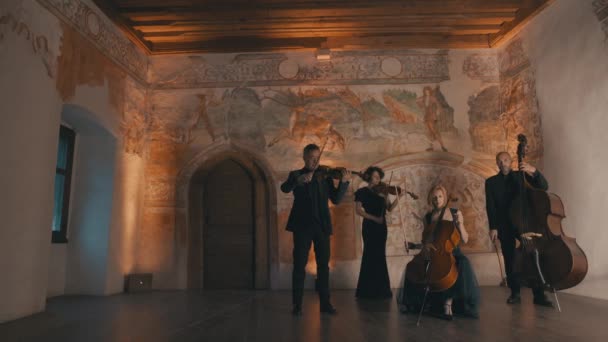 Quartetto Archi Una Stanza Stile Medievale Inizia Suonare Pezzo Musicale — Video Stock