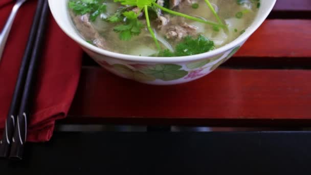 Steaming Bowl Beef Pho Vietnamese Iced Coffee — Stock Video