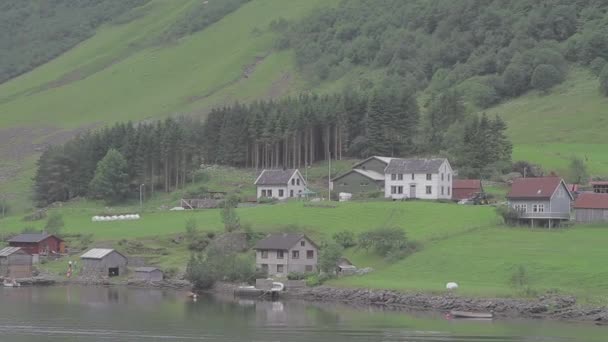 Piękny Fiord Norwegii Mewy Małe Miasteczko Tracking Shot Log — Wideo stockowe