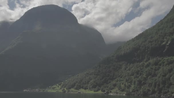 Beautiful Fjord Norway Village Distance Tracking Shot Log — стокове відео