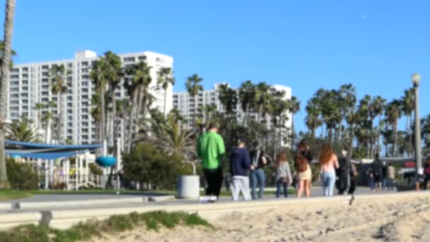 Colpo Sfocato Turisti Sulla Pista Ciclabile Sulla Spiaggia Santa Monica — Video Stock