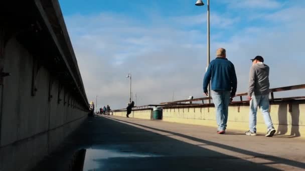 一对男人在加州威尼斯的威尼斯码头边聊天边走着 — 图库视频影像