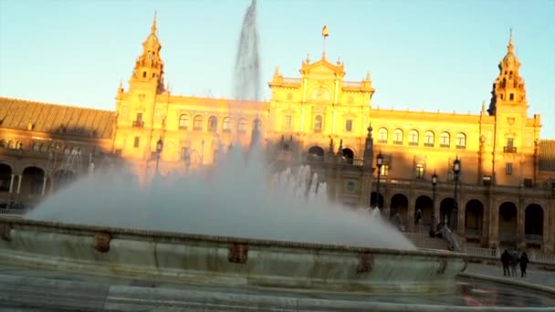 Een Close Van Fontein Plaza Espaa Sevilla Spanje Gouden Uur — Stockvideo