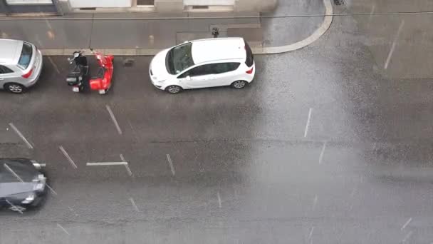 Blick Von Oben Auf Straße Mit Autos Bei Starkem Sommerregen — Stockvideo