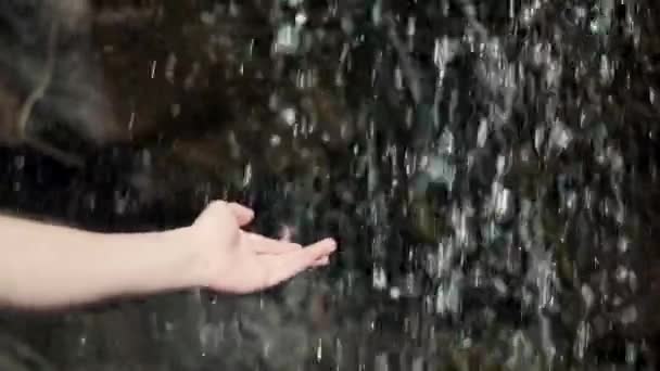 Mans Arm Hand Getting Wet Waterfall Slow Motion — Stock Video