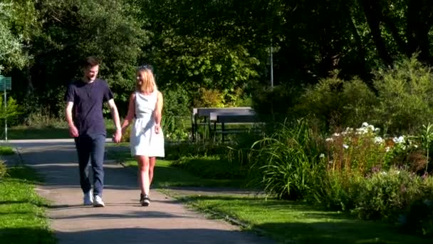 Hand Hand Een Paar Wandelingen Een Park Wenen — Stockvideo