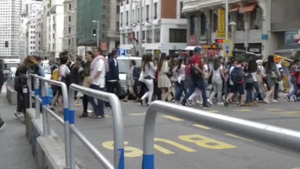 Panning Shot Van Een Grote Groep Mensen Cossing Straat Drukke — Stockvideo