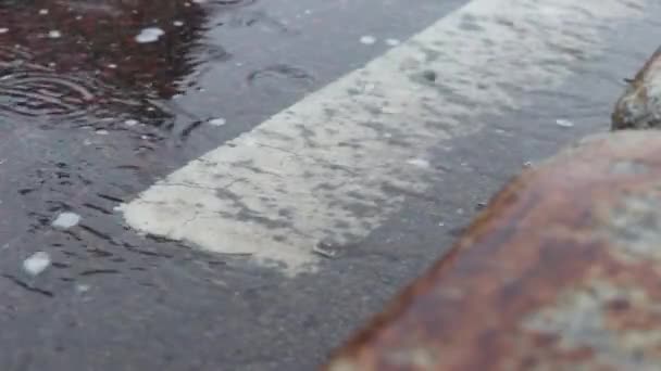 Rain Water Running Gutter Side Road — Stock Video