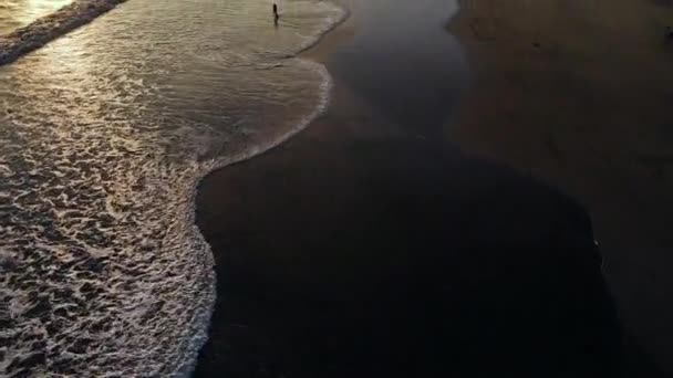 Luftaufnahme Eines Sandstrandes Bei Unglaublichem Goldenem Sonnenuntergang Wellen Spielende Kinder — Stockvideo