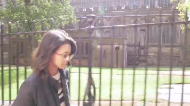 Close Profile Shot Young Woman Walking Church Lane — Stock video