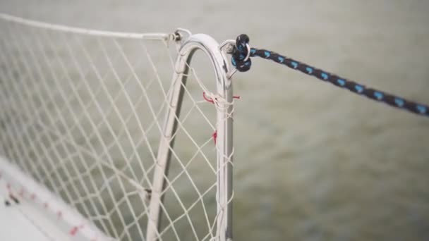 Details Railing Rope Sailing Ship Driving Water Cloudy Windy Weather — Stock Video