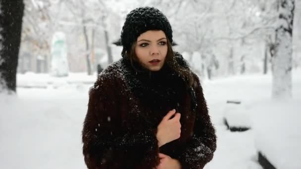 Kobieta Czeka Mężczyznę Parku Śniegu — Wideo stockowe