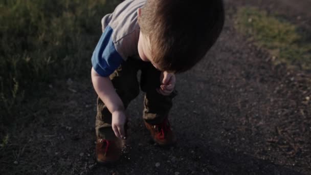 Young Happy Boy Plays Dirt — Stock Video