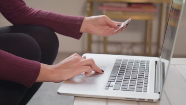 Lassú mozgás Közel lövés a fiatal nő használ laptop, hogy az online vásárlás