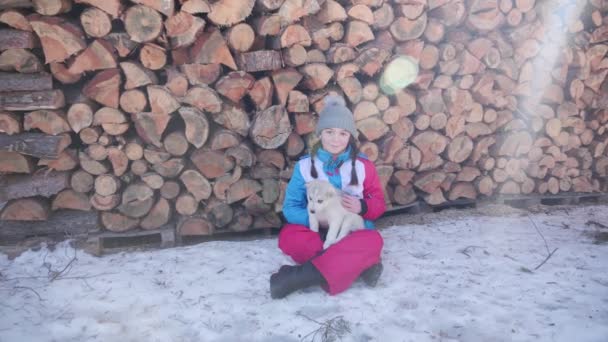 Bonito Jovem Segurando Acariciando Sou Adorável Cachorro Branco Husky Sentado — Vídeo de Stock