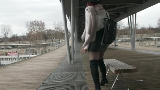 优雅的红头发走到现场 坐在巴黎桥下的长椅上 — 图库视频影像