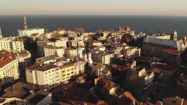 Pan Air Shot Old Town Constanta City Harbor Romania Europe — стокове відео