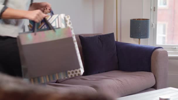 Junge Frau Sitzt Nach Erfolgreicher Einkaufstour Zeitlupe Auf Sofa — Stockvideo