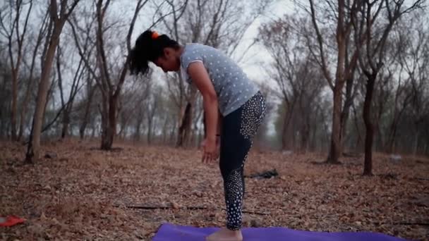 Dziewczyny Medytujące Ćwiczące Jogę Zachodzie Słońca Lesie Padmasana Slow Motion — Wideo stockowe